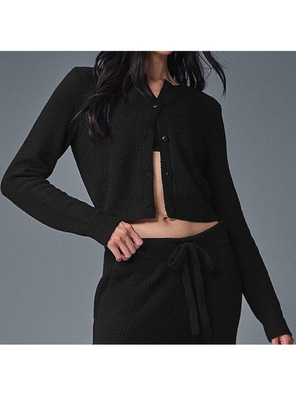 Alo Snuggle Up Sweater Cropped Cardigan Black Button-Up Fuzzy Knit Soft Cardi S - Picture 2 of 11